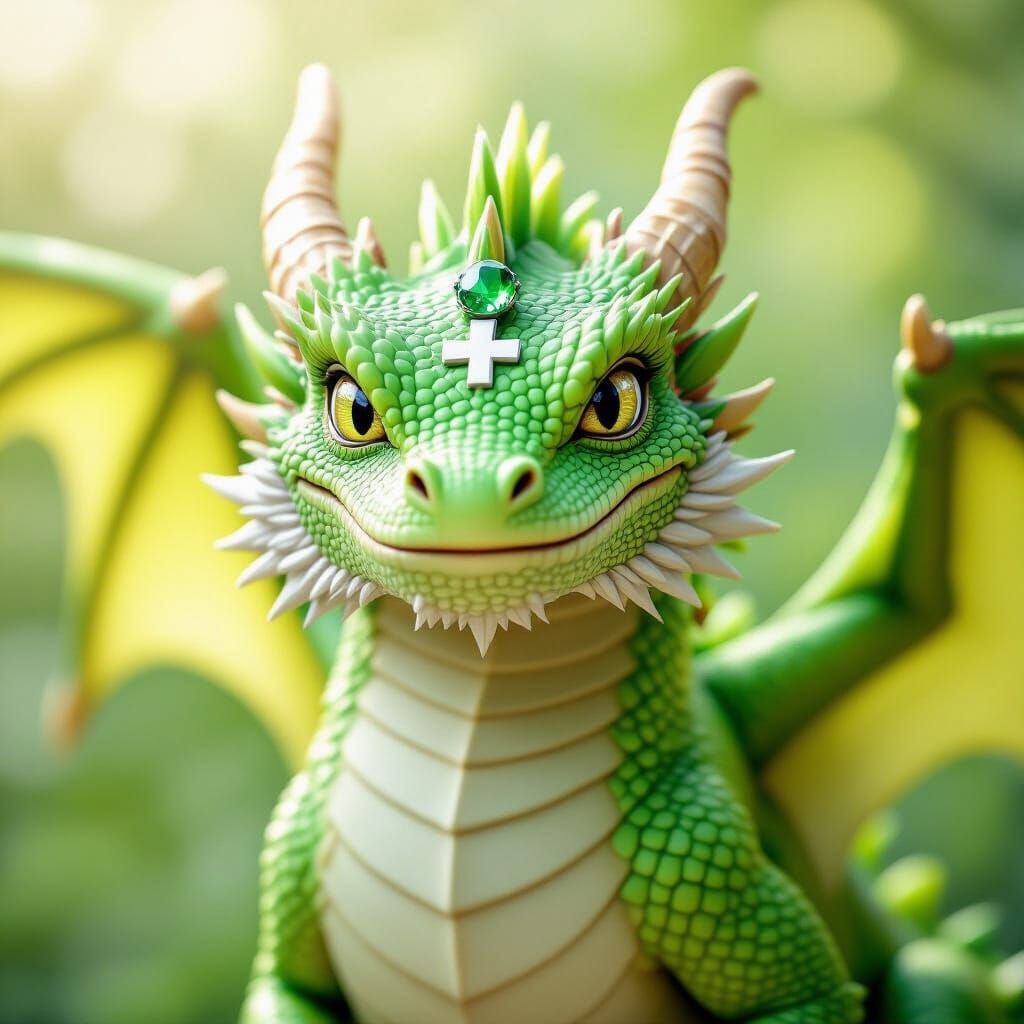 Lime Green Dragon Portrait with White Cross and Emerald