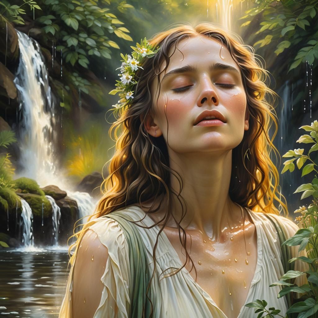 Serene Woman Under Waterfall: Pre-Raphaelite Style