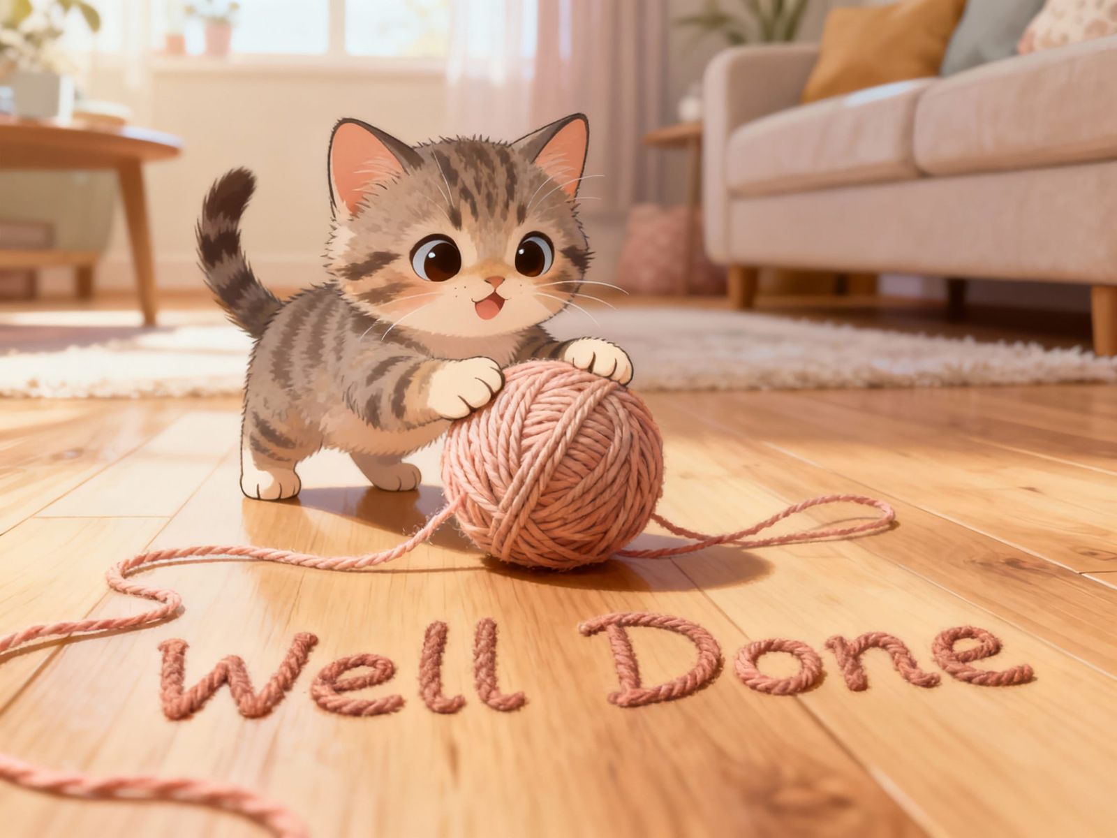 Adorable Kitten Plays with Yarn in Cozy Living Room