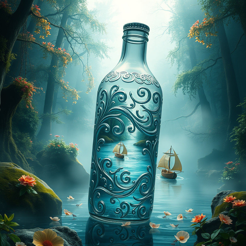 Mystical River Flowing from Glass Bottle