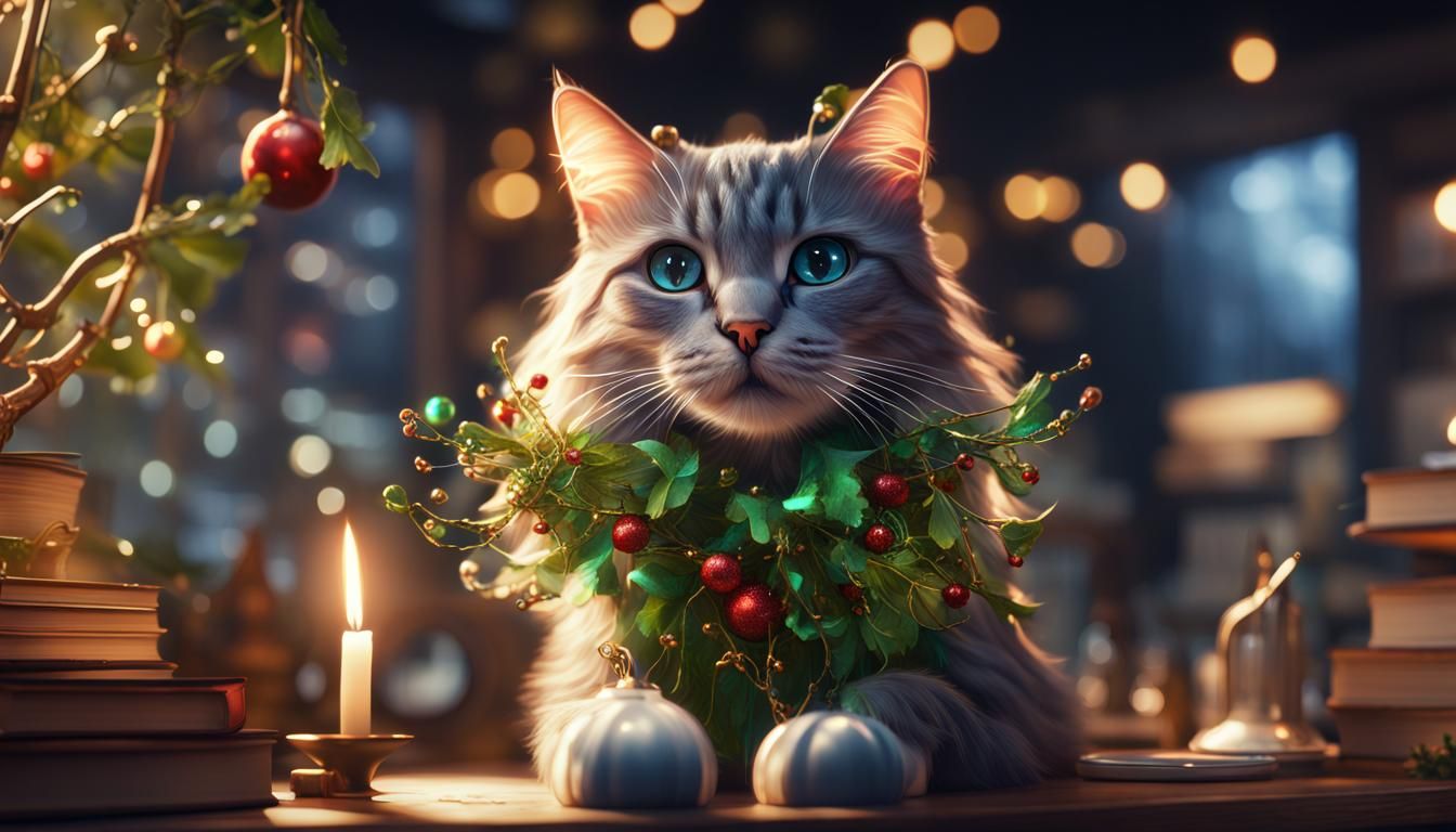 Magical Mistletoe Cat Sparkles in Bookstore