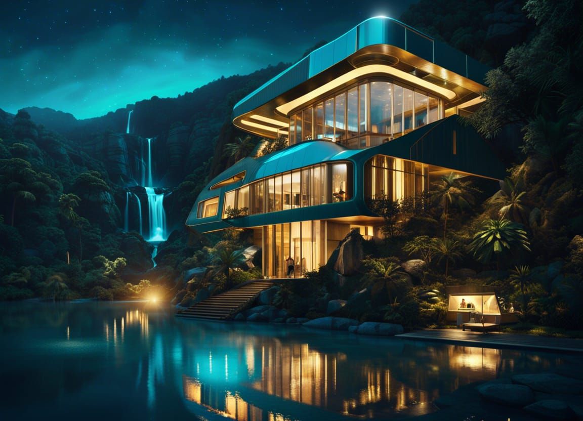 Futuristic Lodge Over Waterfall in Art Deco Style