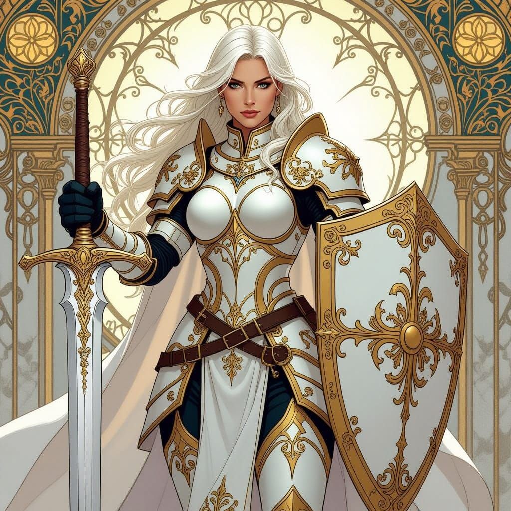 Elegant Paladin Woman in Regal White and Gold Armor