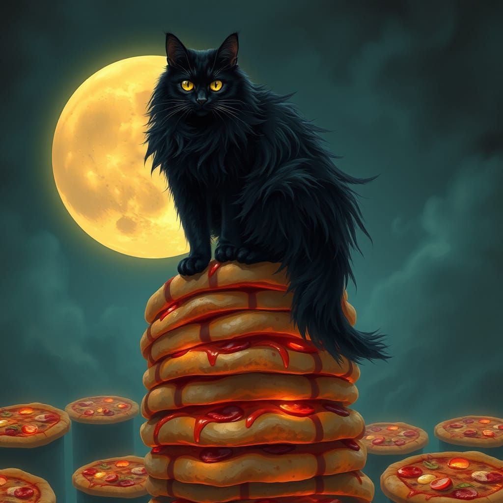 Black Cat Guardian of Glowing Pizza Stack