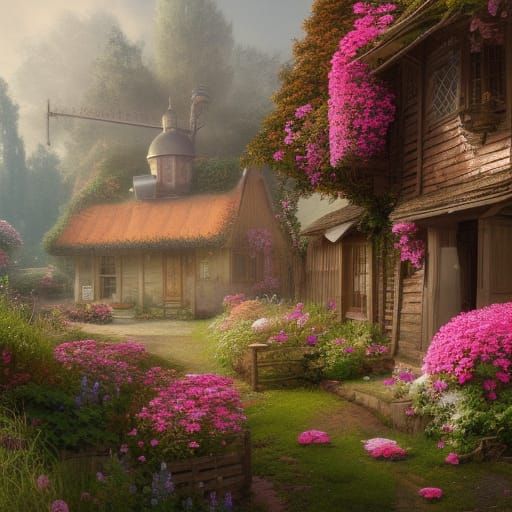 Rose-Covered Cottage in Hyperdetailed Digital Painting Style