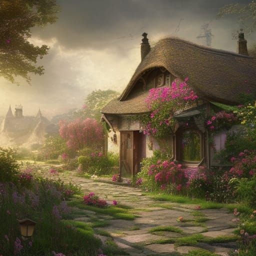 Rose-Covered Thatched Cottage in Hyperdetailed Style