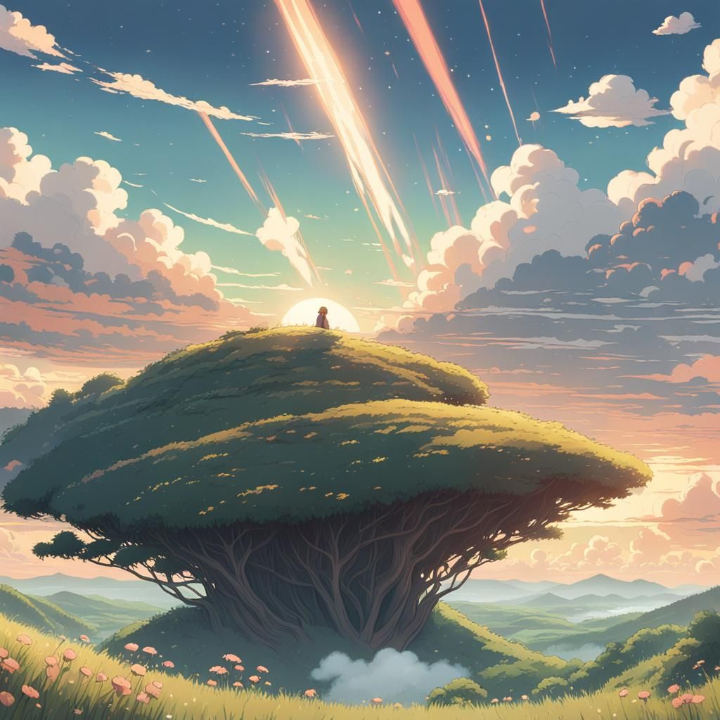 Sunset Spaceship Meadow in Anime Style