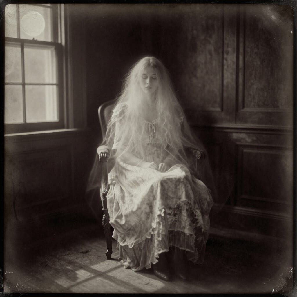 Sepia Ghost Woman in Haunted Parlor Daguerreotype