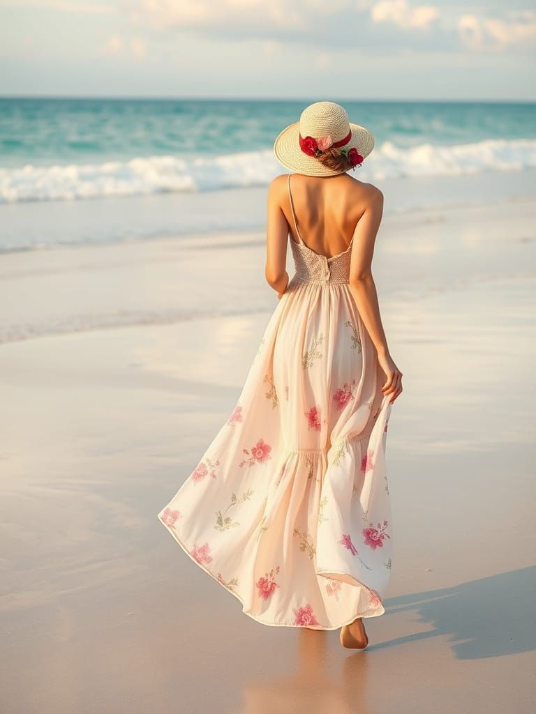 Woman Strolling Along the Beach in Soft Pastel Hues
