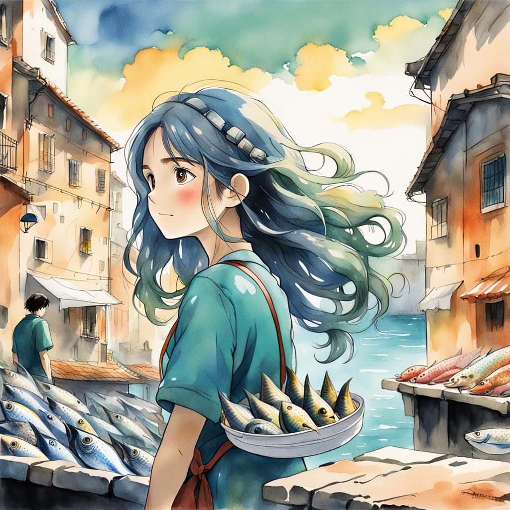Anime Girl at Italian Fish Market in Ghibli Style