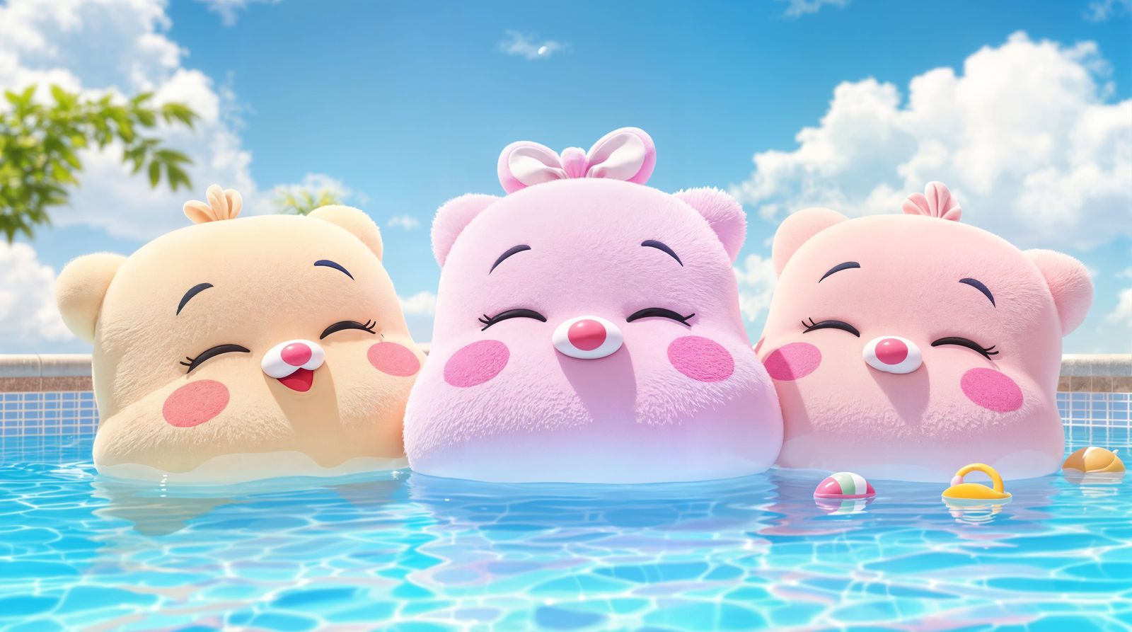 Whimsical CGI Cartoon Pillows Play in Sunny Pool