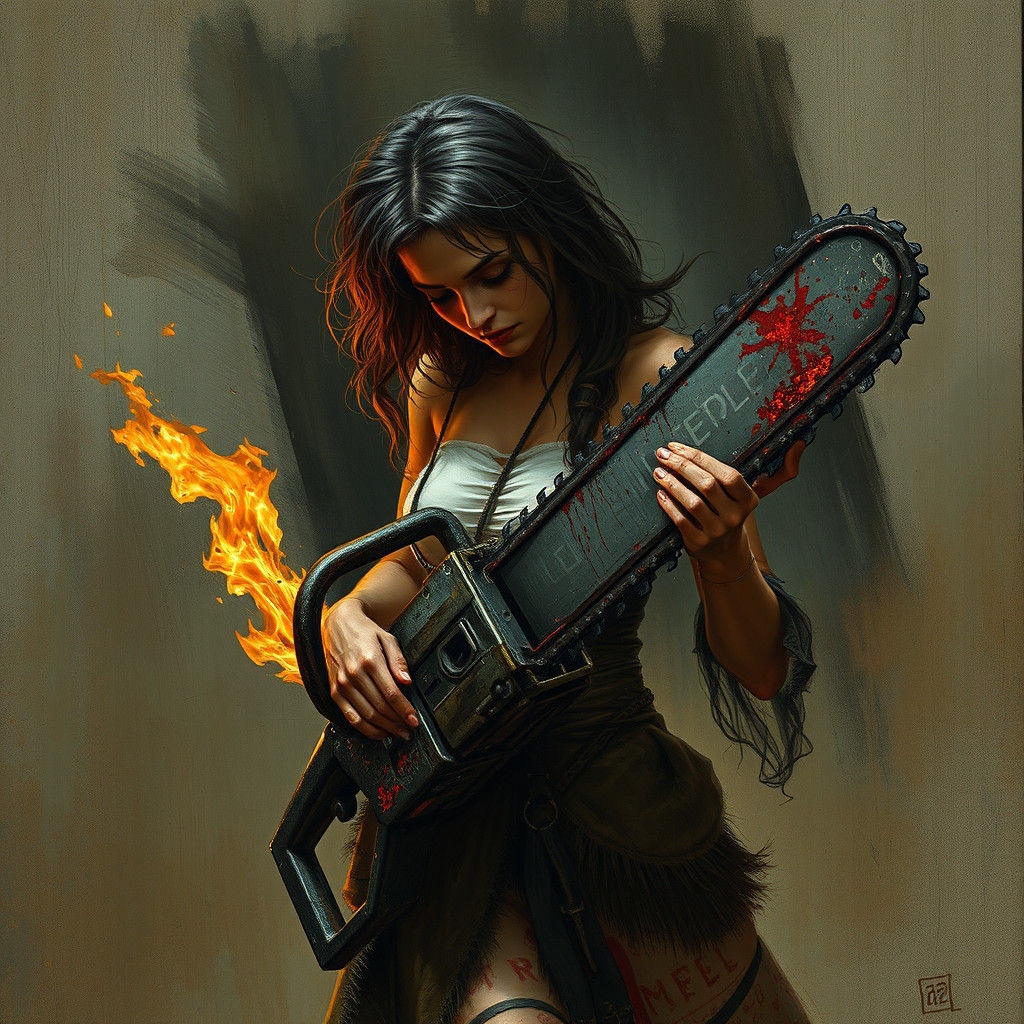 Beautiful Woman with Chainsaw: Horror Art