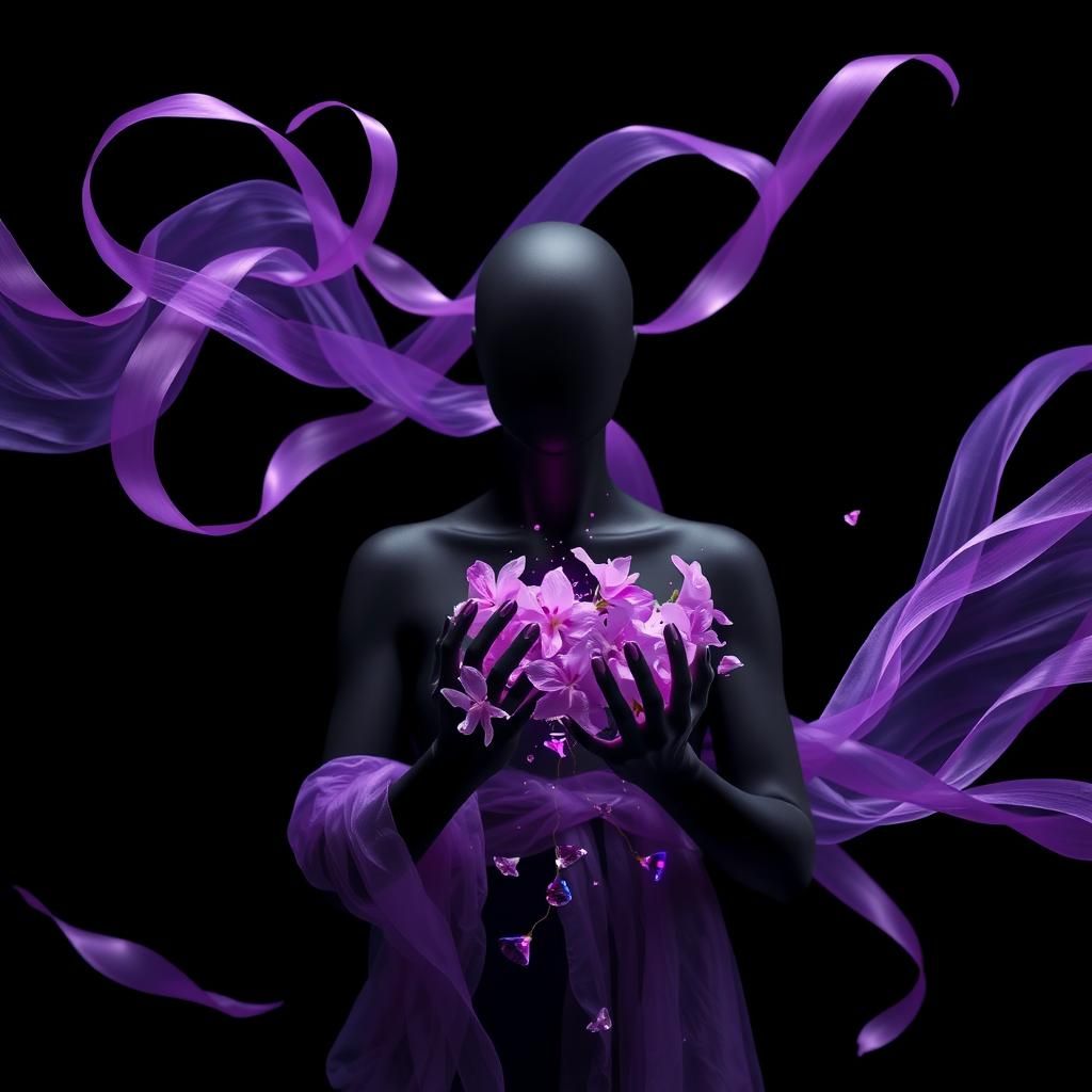 Resilient Figure with Purple Ribbons and Cybernetic Shards