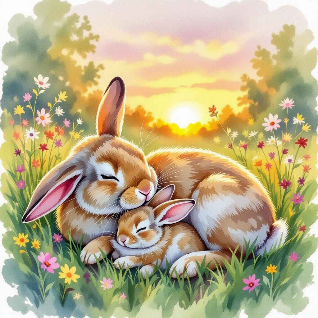 Cozy Rabbits Sleeping in Sunset Garden