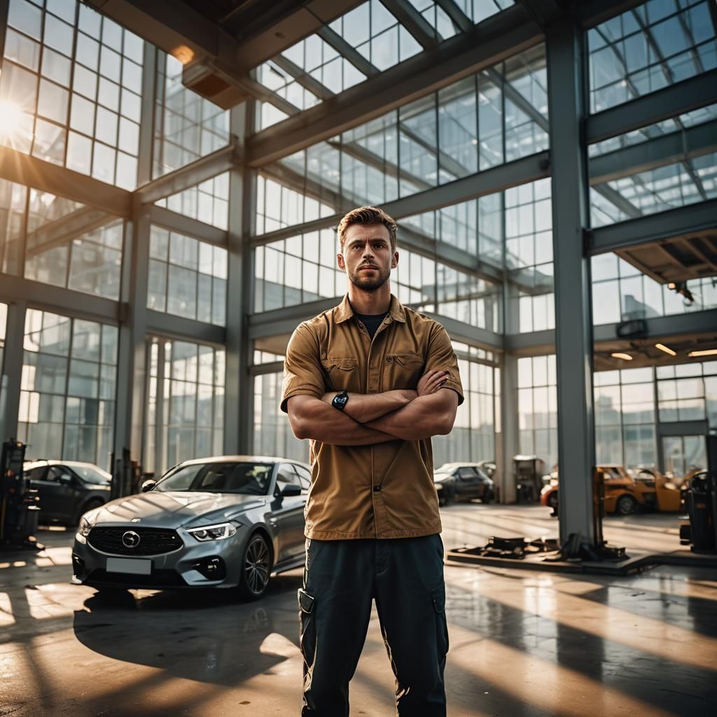 Confident Car Mechanic in Modern Glass Building