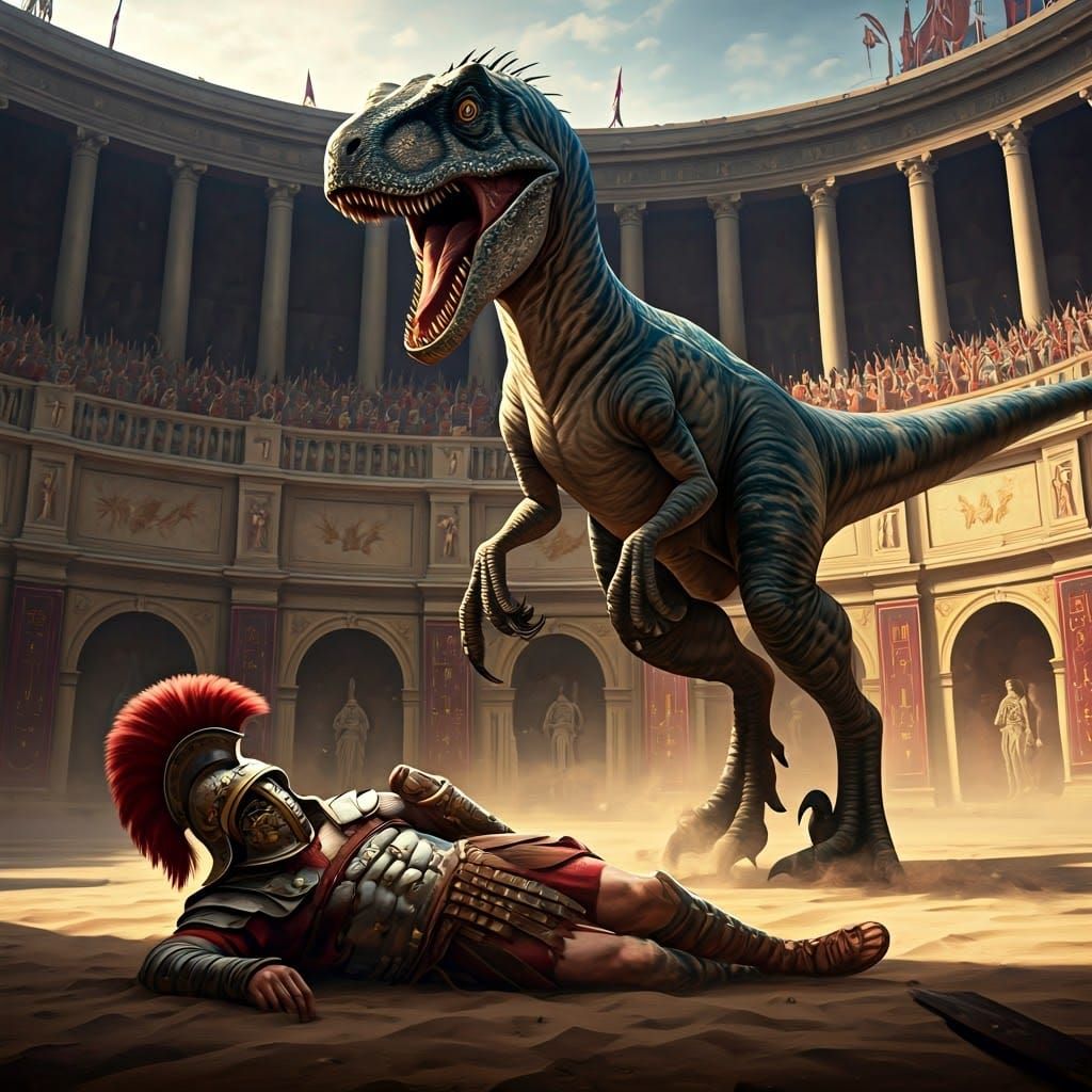 Gladiator Versus Velociraptor in Arena: Fantasy Concept Art