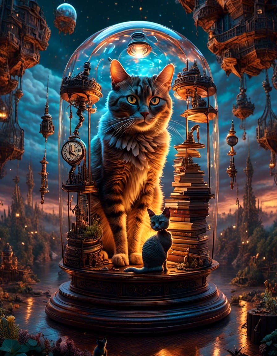 Steampunk Hologram Cat in Prehistoric Sci-Fi World