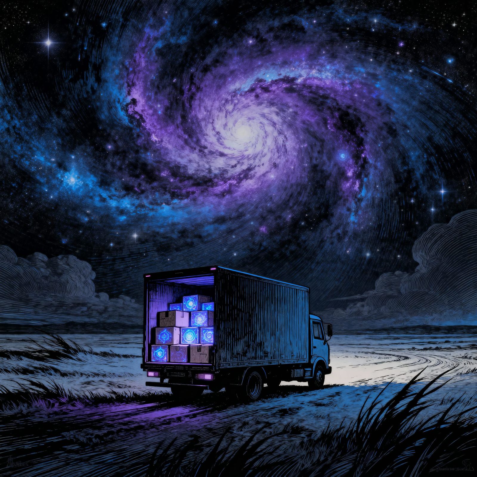 Cosmic Nebula Over Moving Truck with Glowing Boxes