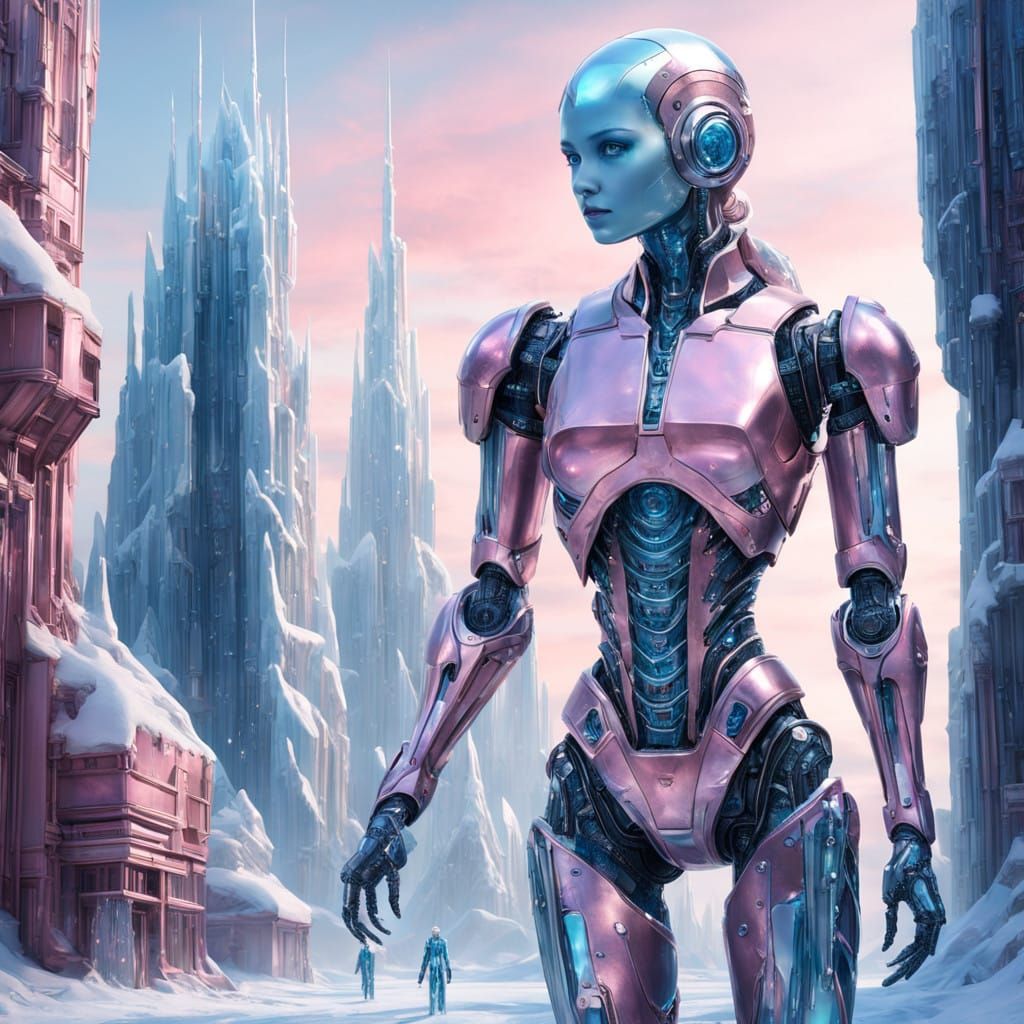 Futuristic Frozen Robot Goddess in Pink, Surrounded by Icy C...