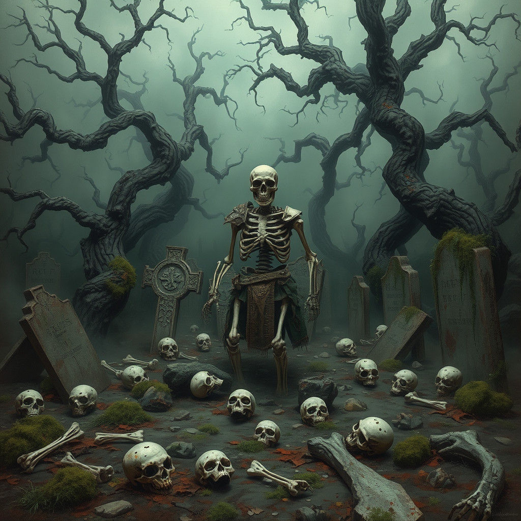 Eerie Graveyard with Skeletal Warrior Rising, Macabre Art