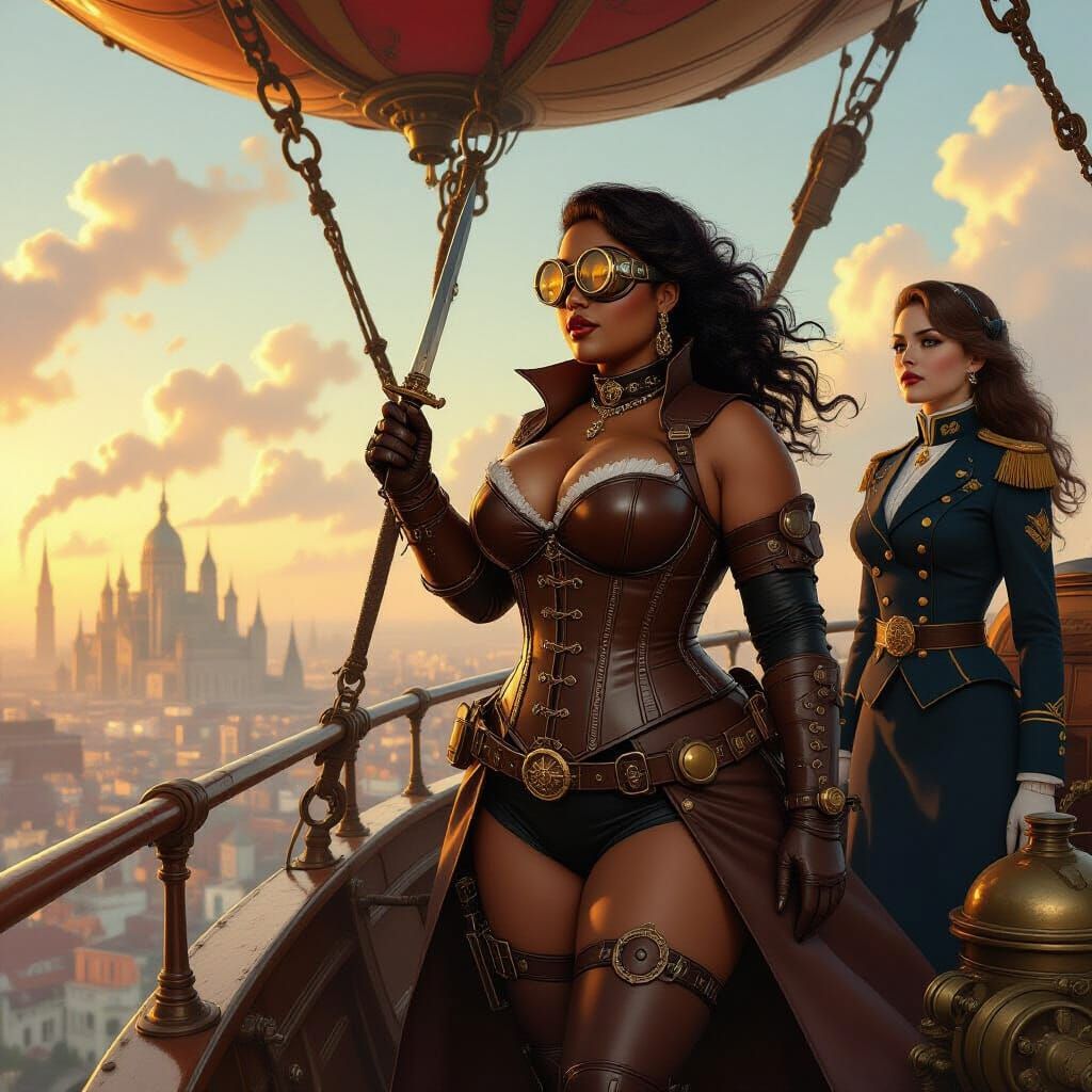 Steampunk Women on Dirigible Over Victorian City