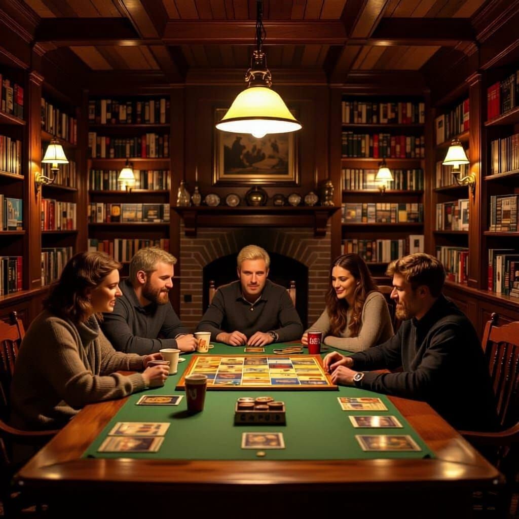 Cozy Boardgame Night: 6 Friends Play Caverna in Warm Light