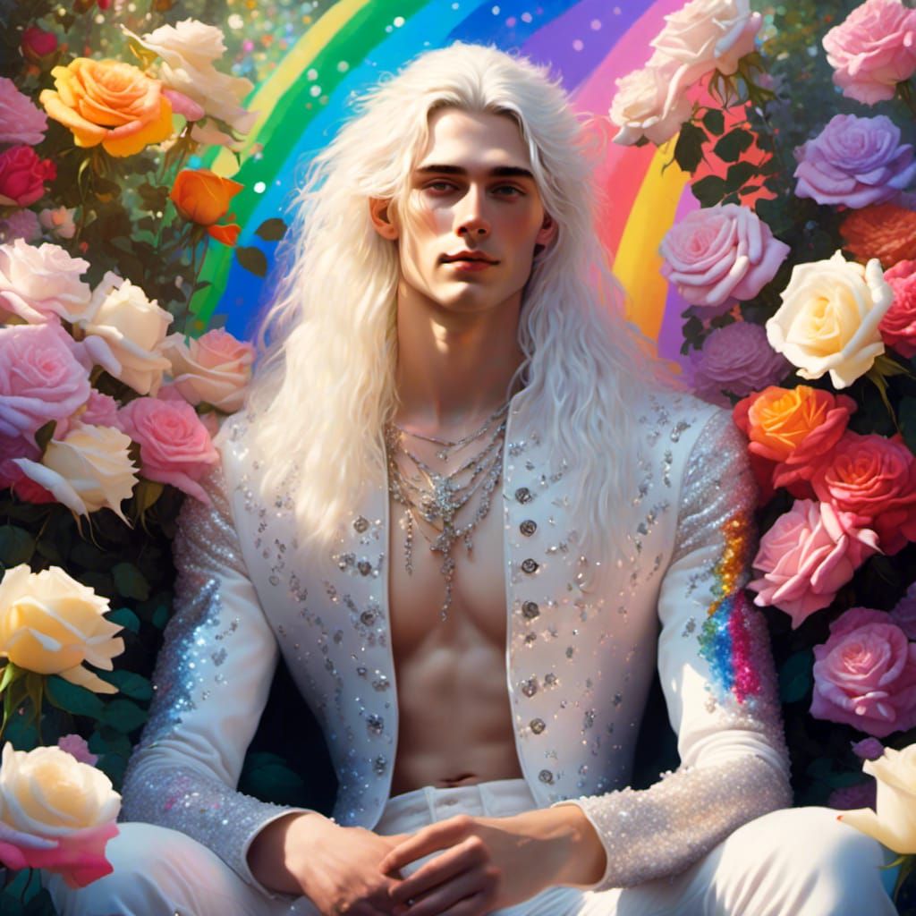 Gay Man Portrait with Rainbow Glitter and Roses