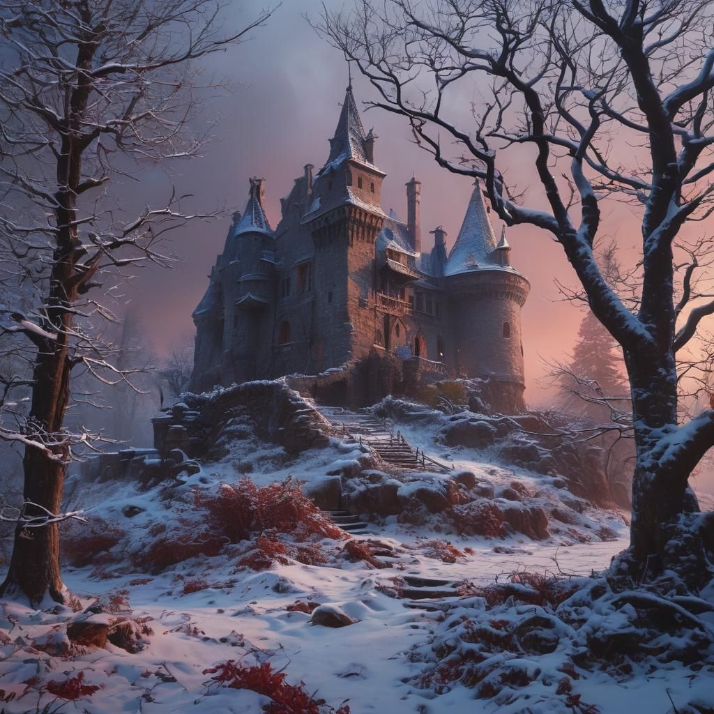 Enchanted Forest Castle Captured in Warm Red Light