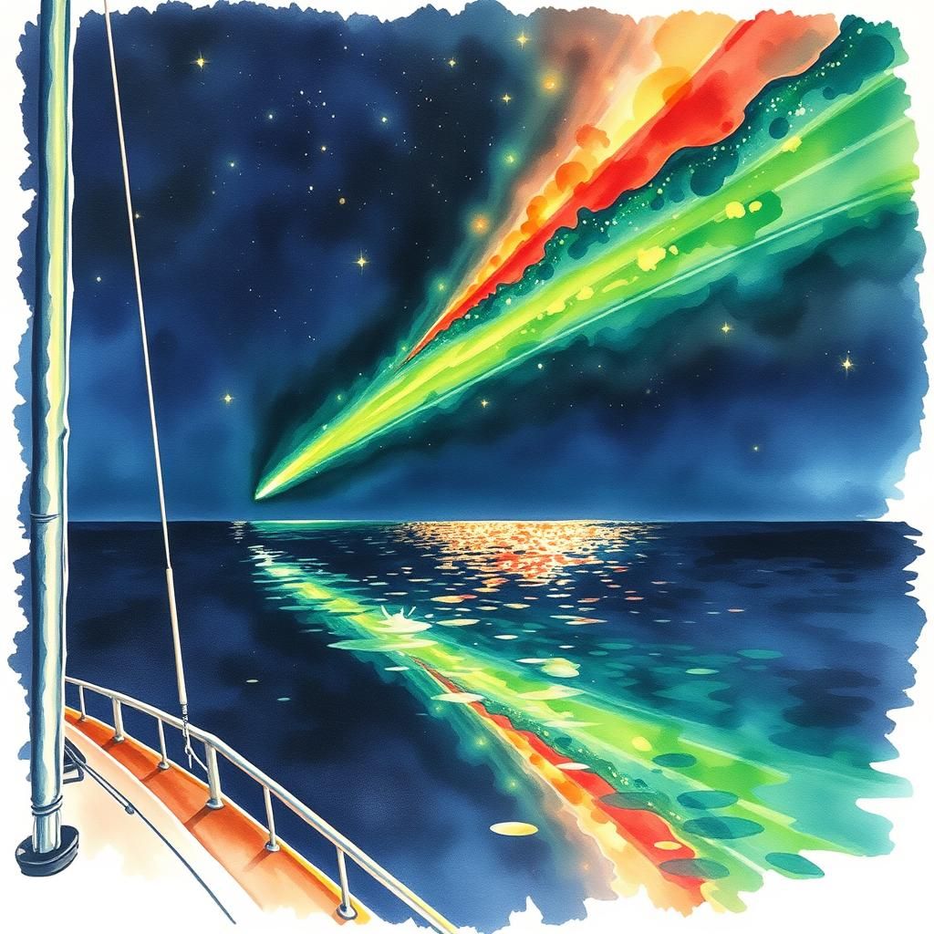 Watercolor Meteor Illuminates Glassy Ocean at Night
