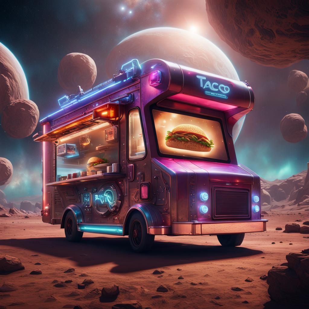 Futuristic Taco Truck in Space: Fantasy Concept Art