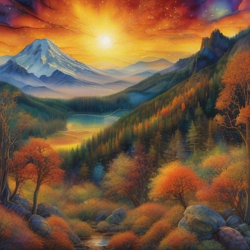 Thomas Kinkade Style Fall Landscape of Columbia River Gorge