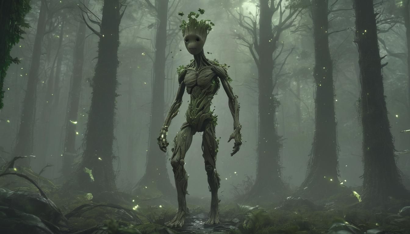 Surreal Biopunk Groot Emerges in Dense, Dark Forest