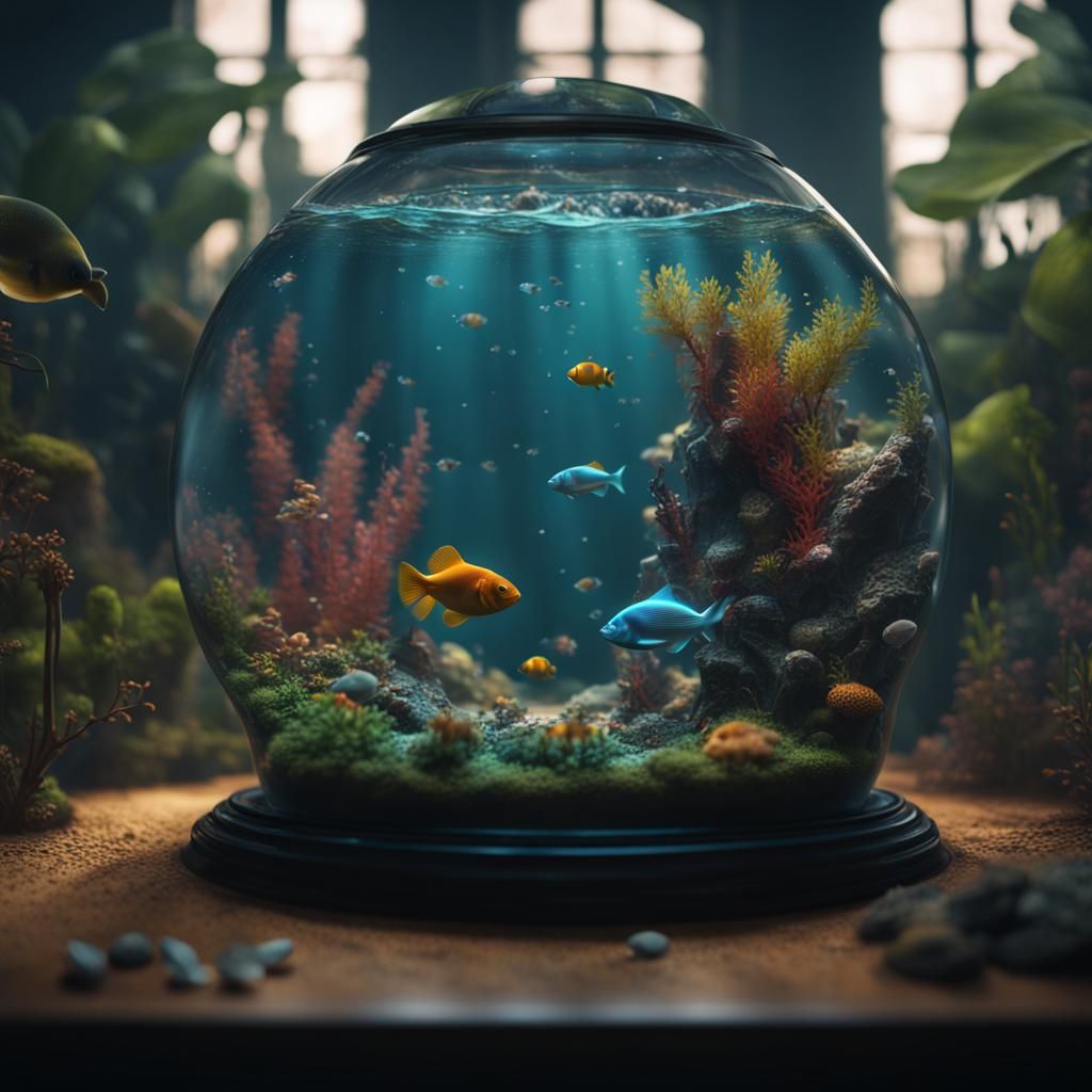 Miniature World Inside a Fish Aquarium: Detailed Matte Paint...