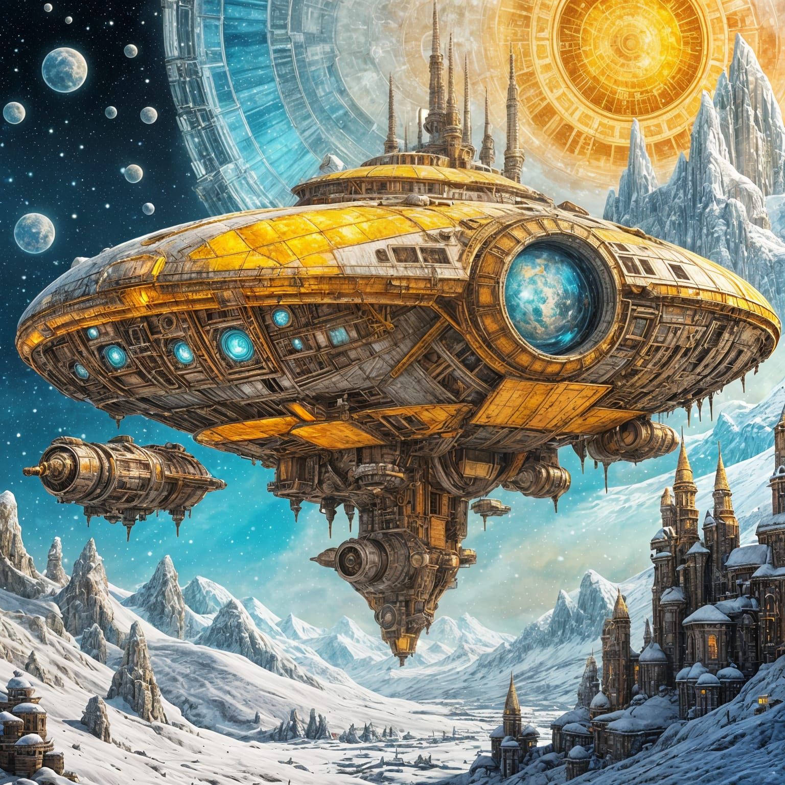 Futuristic Spaceship Over Snowy Landscape in Steampunk Style