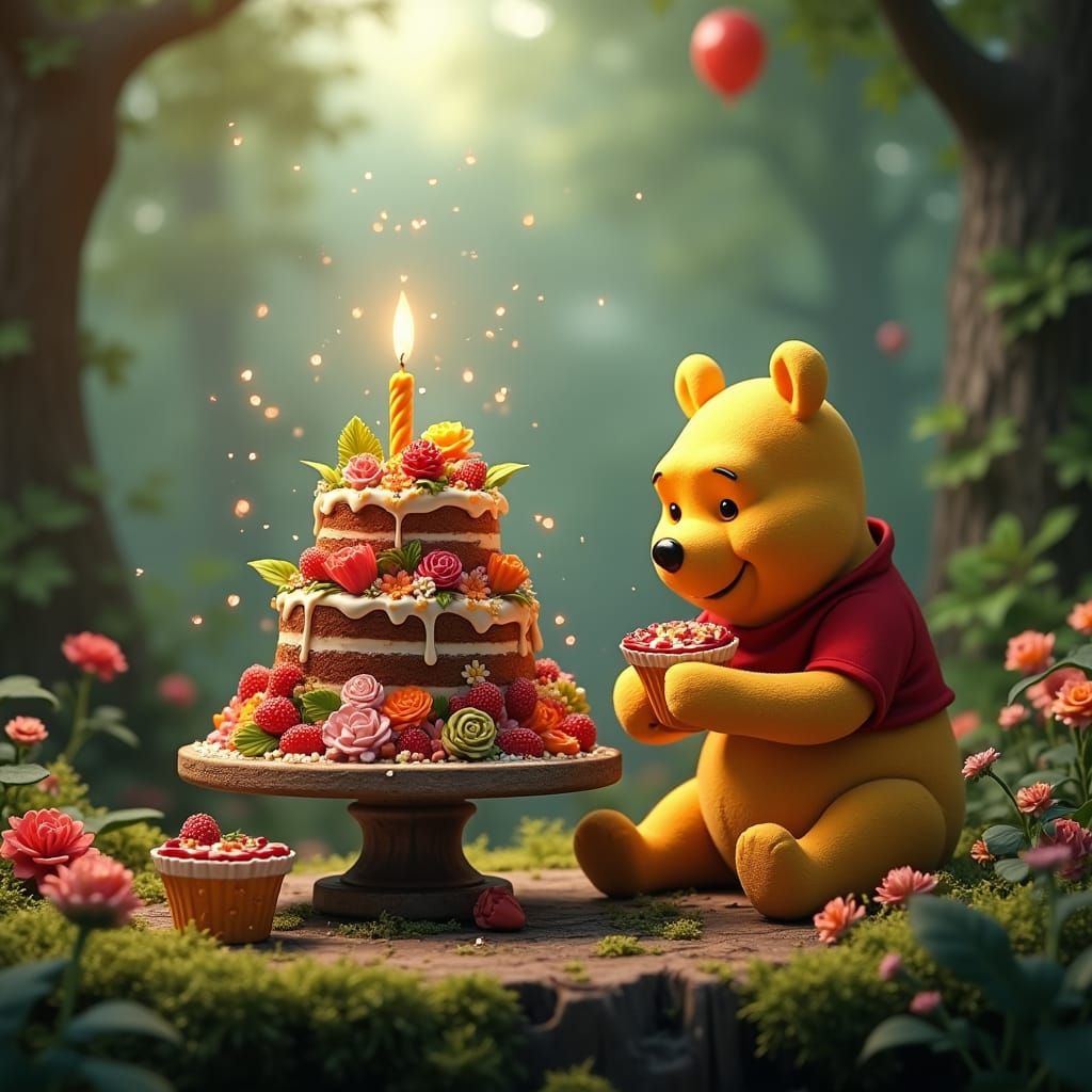 Winnie the Pooh's Decadent Birthday Cake, Unreal Engine Art