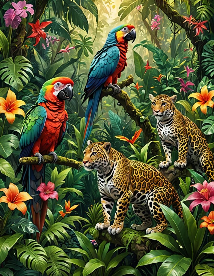 Lush Forest Scene with Parrot, Monkey and Leopard