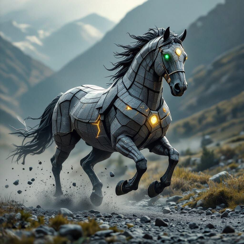 Majestic Stone Horse Galloping in Misty Valley