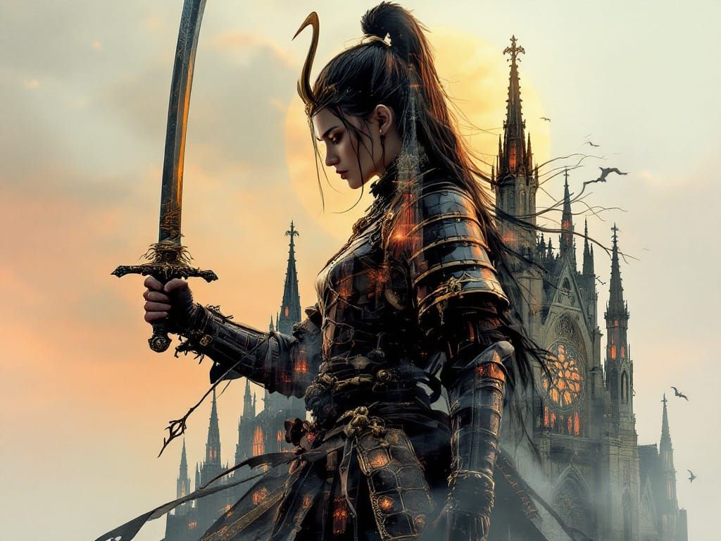 Samurai and Cathedral Double Exposure in Art Nouveau Style