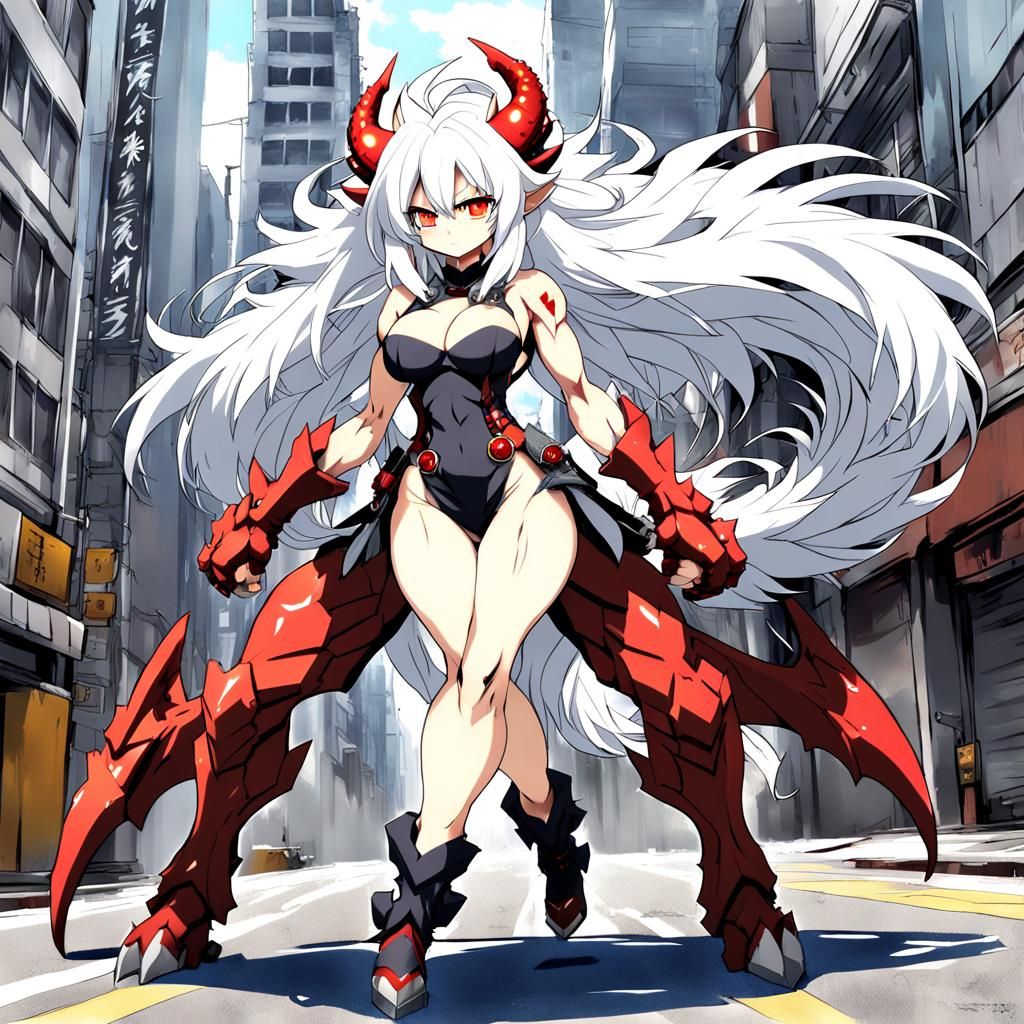 Muscular Dragon Girl in Empty City, Anime Style