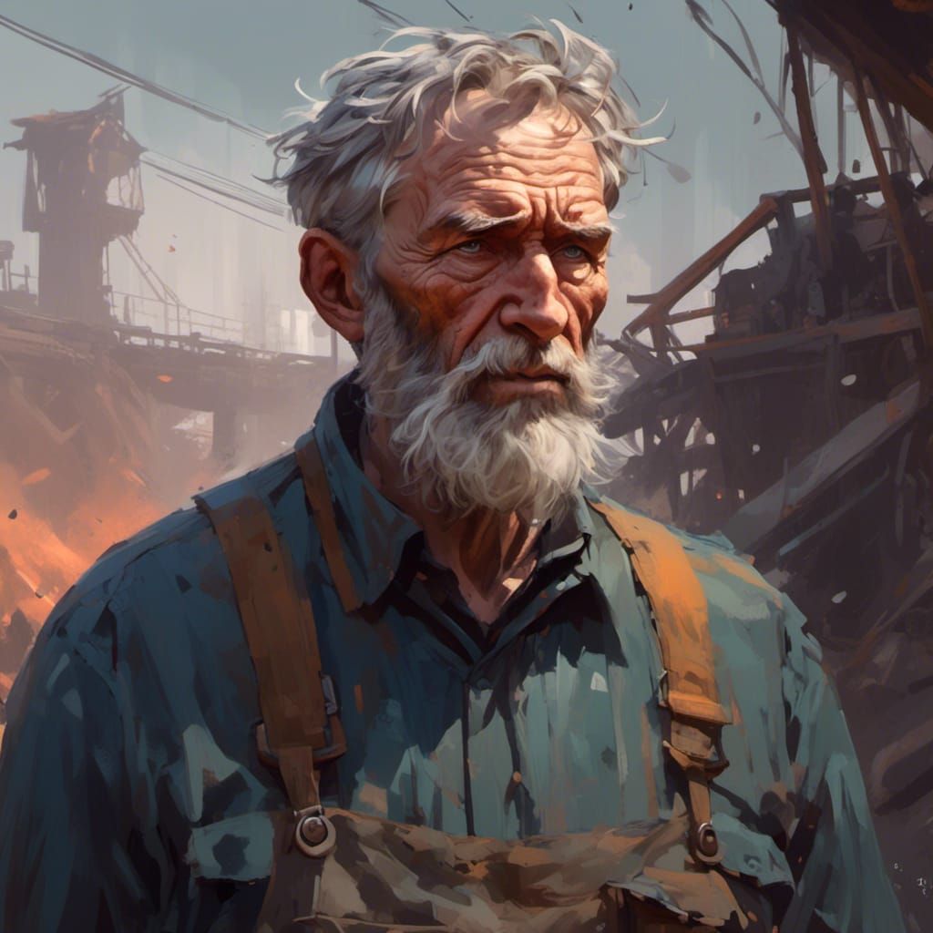 Distressed Former Coal Miner Portrait in Digital Art Style