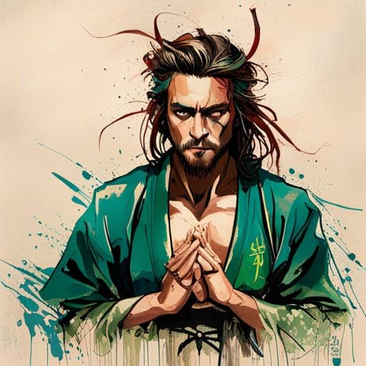 Samurai Jesus in Green Kimono Portrait
