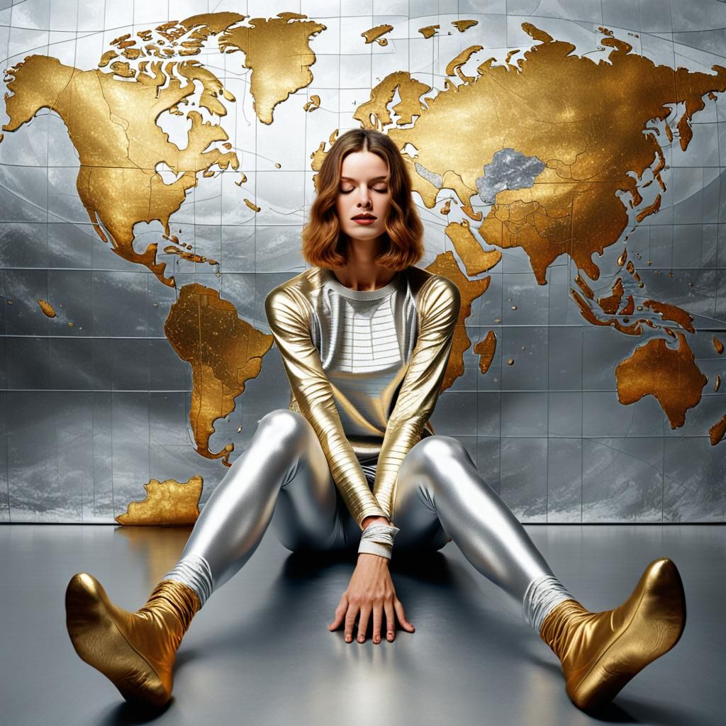 Blindfolded Woman in Gold and Silver with World Map