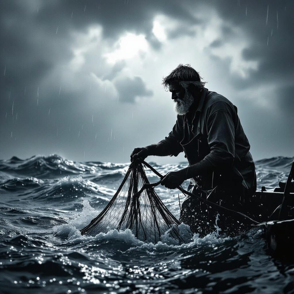 Grizzled Fisherman Battles Stormy Seas in Gritty Digital Art