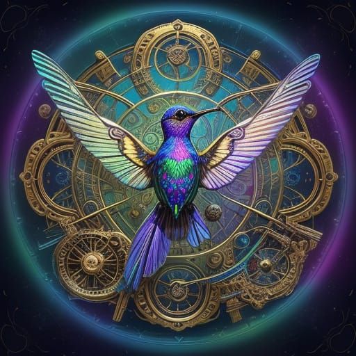 Clockwork Hummingbird in Cosmic Surrealism
