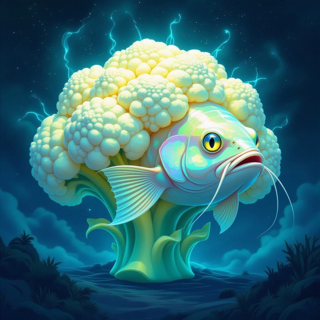 Surreal Bioluminescent Cauliflower Catfish in Cosmic Void