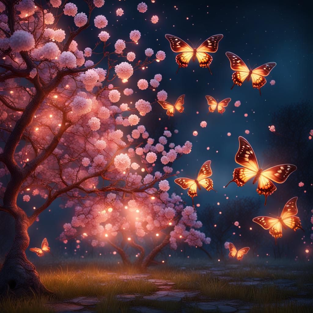 Glowing Cherry Tree with Butterflies