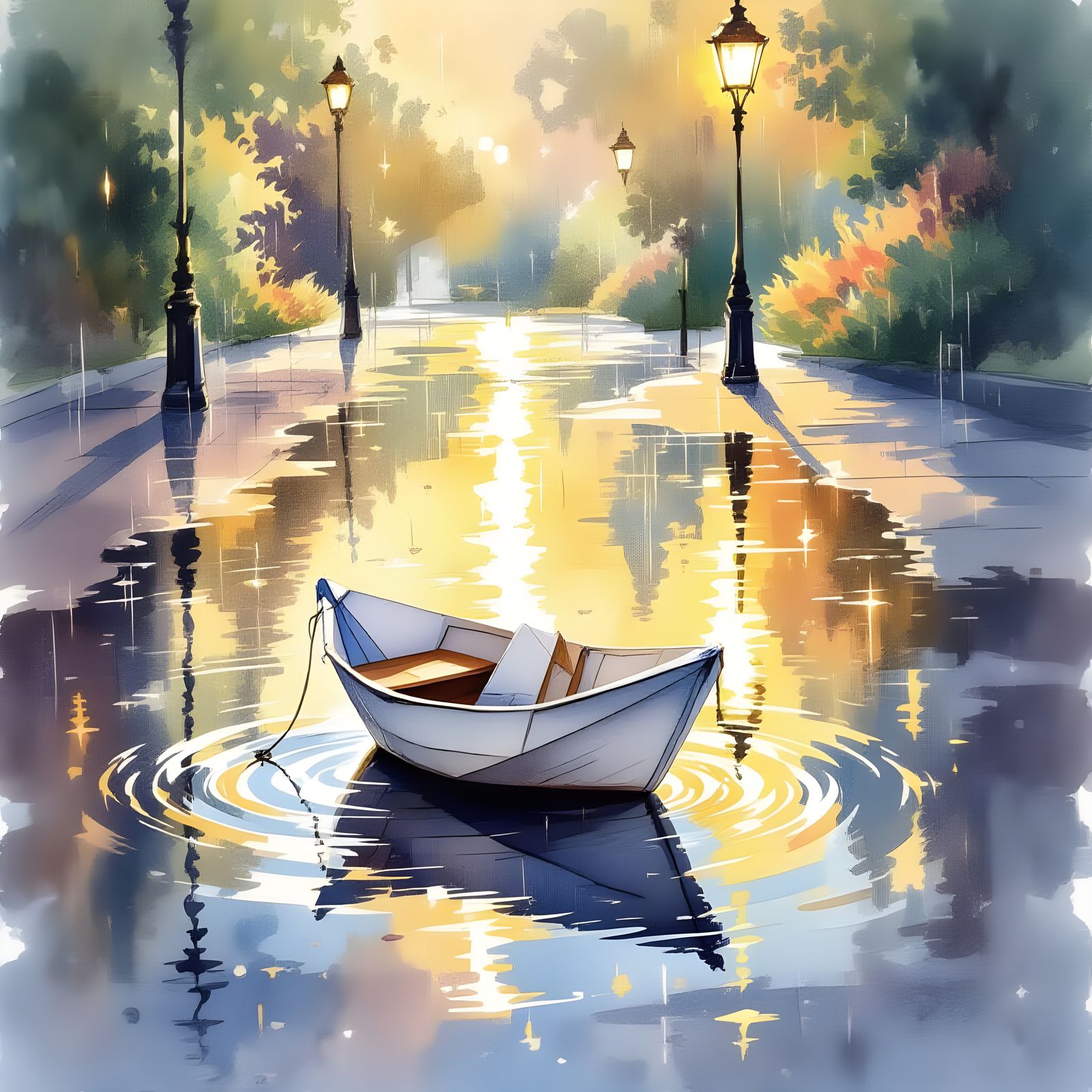 Watercolor Paper Boat in Puddle