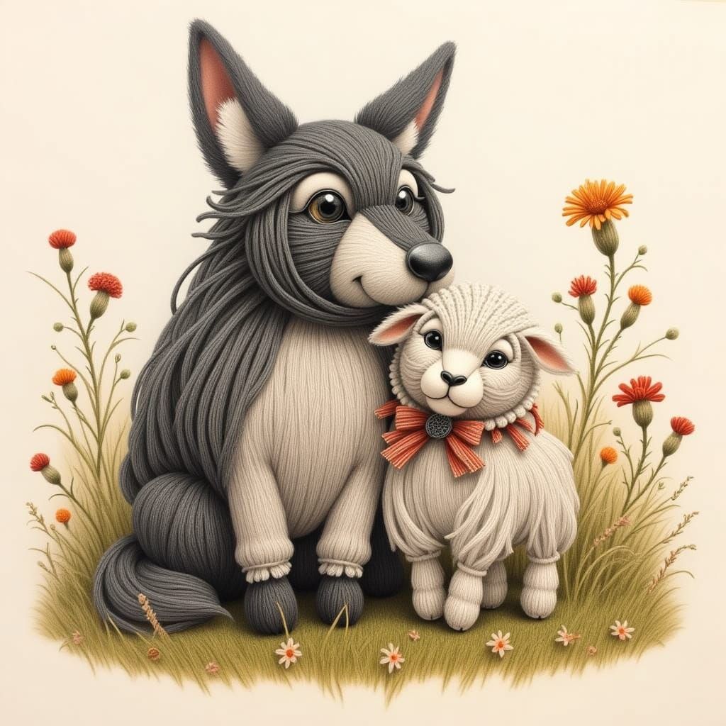 Fluffy Lamb Leans on Gentle Wolf in Wildflower Meadow