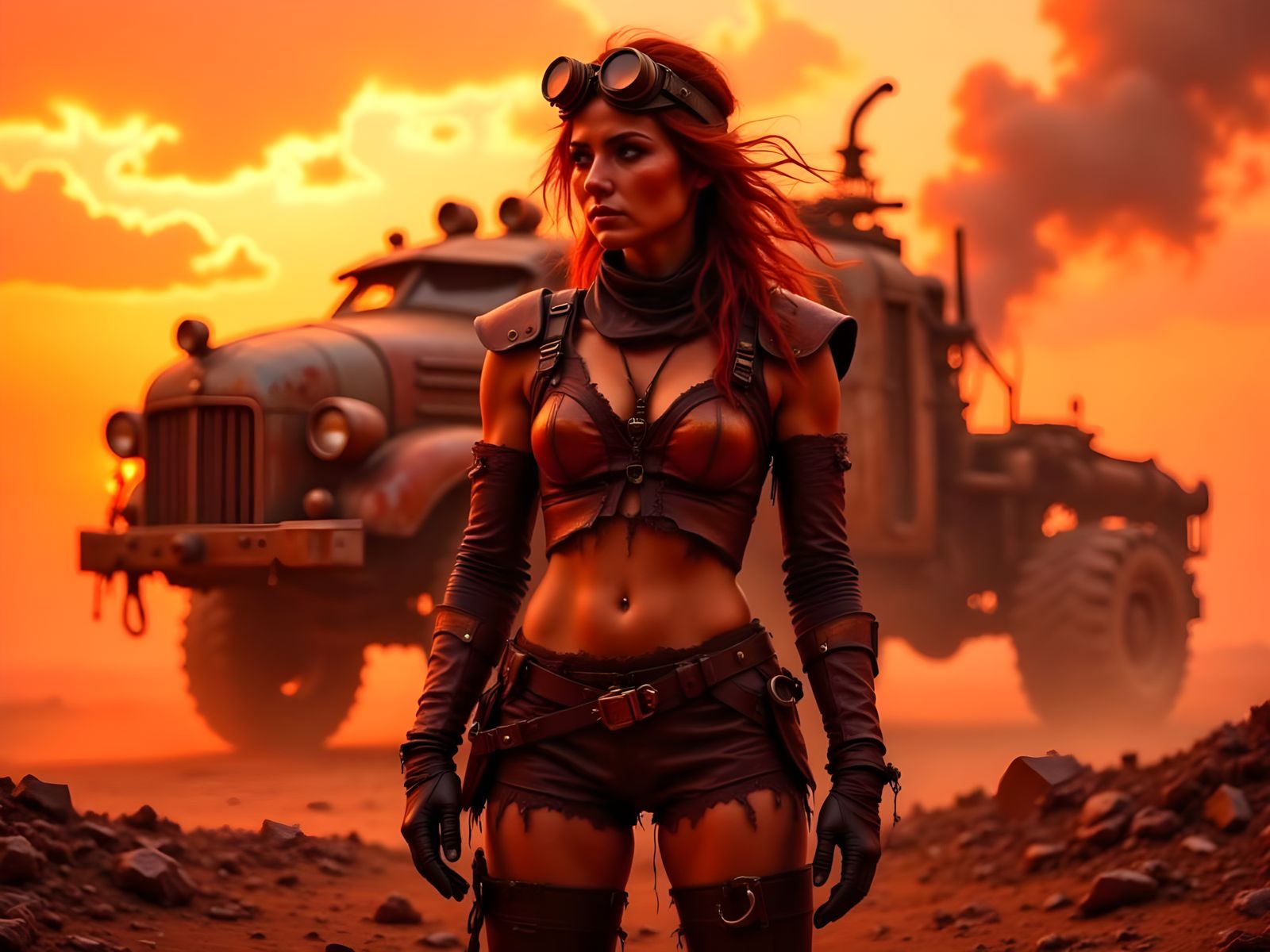 Steampunk Warrior Silhouetted Against a Crimson Sunset