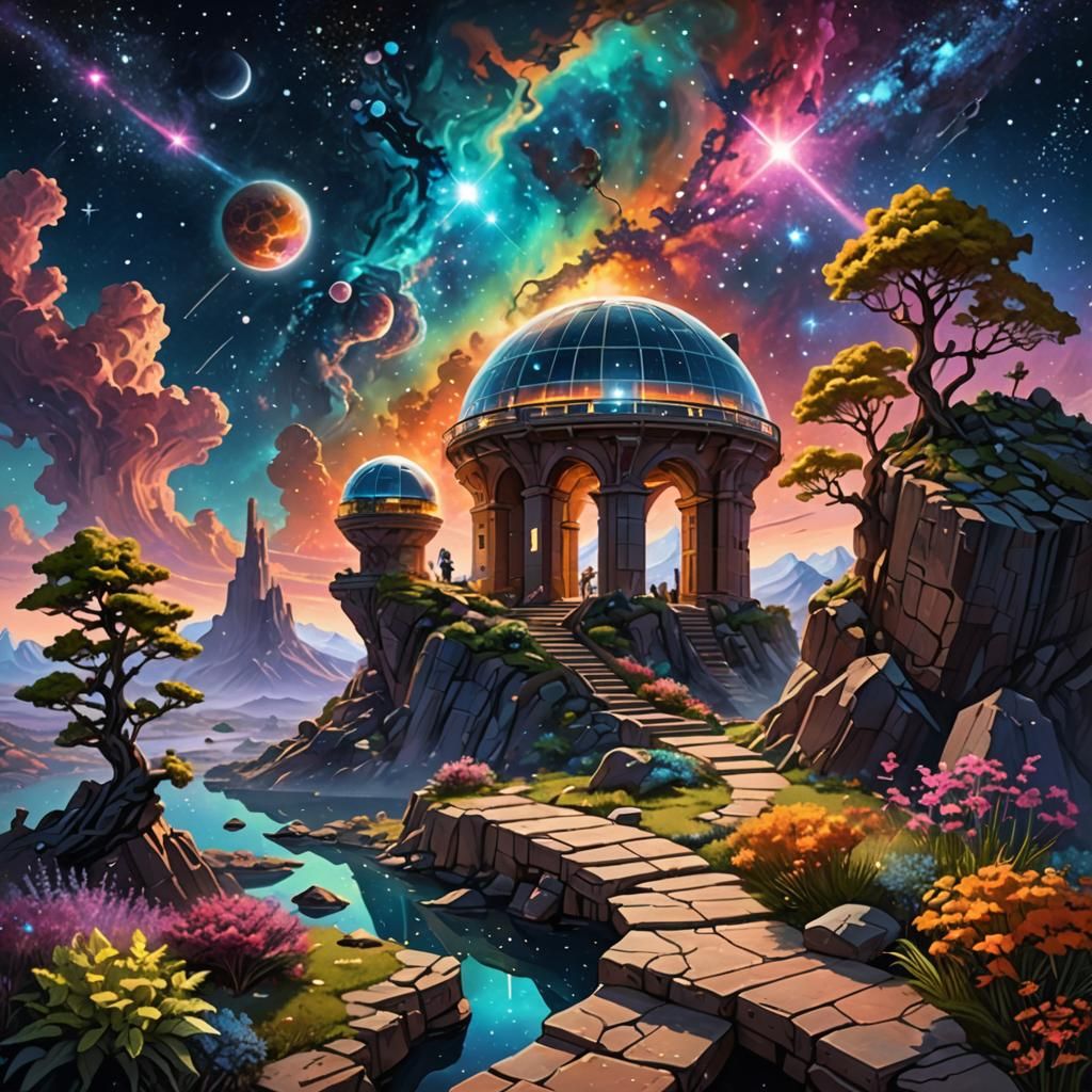 Celestial Observatory Amidst Floating Islands in the Skies